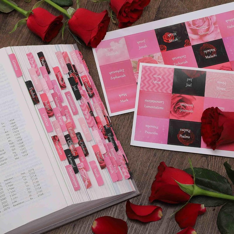 thinkor Reposition Laminated Bible Tabs, Large Print Stickers, Easy to Read and Apply Bible Tabs for Women and Man (Pink Rose Print) - Image 5